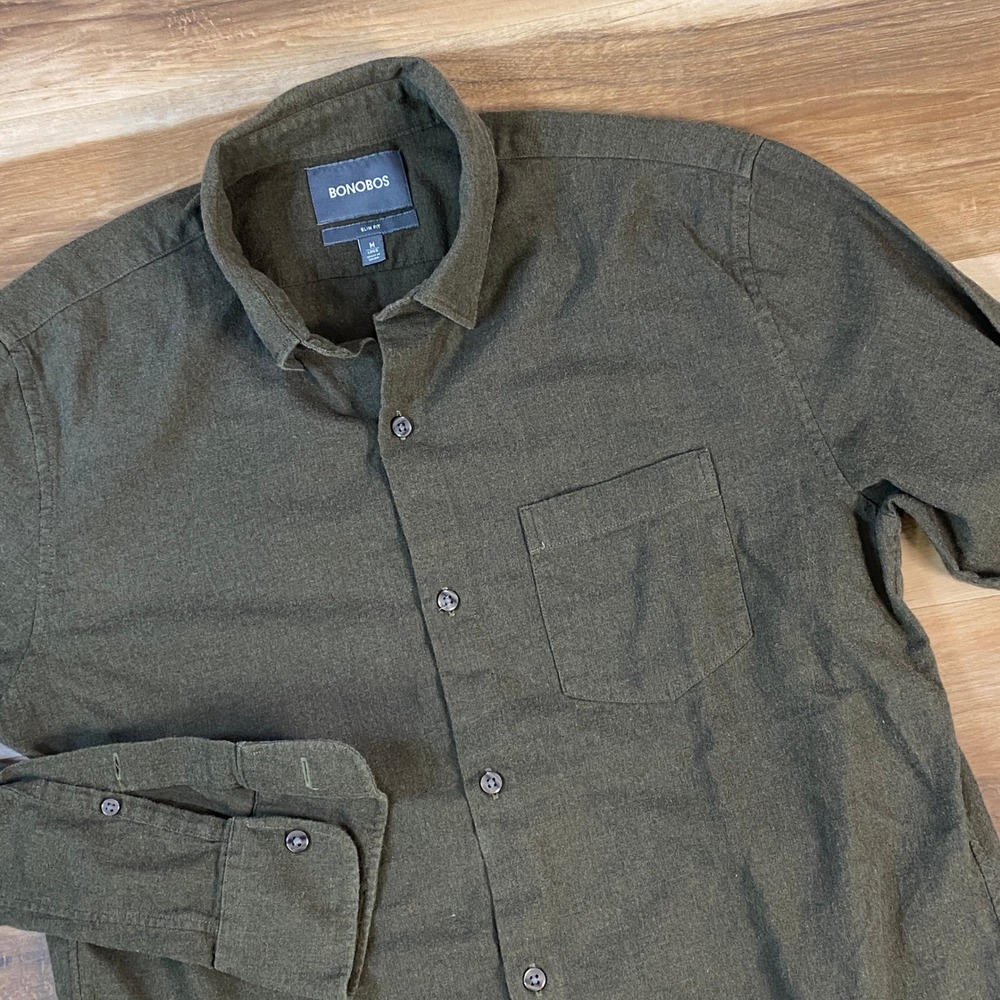 Bonobos Flannel Shirt Mens M Long Minimalist Brushed Cotton Slim Fit Olive Green